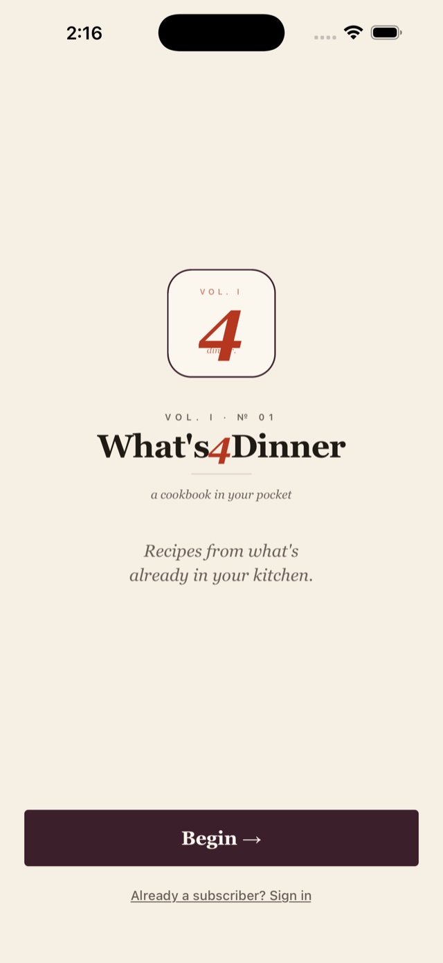 Whats4Dinner welcome screen — a cookbook in your pocket
